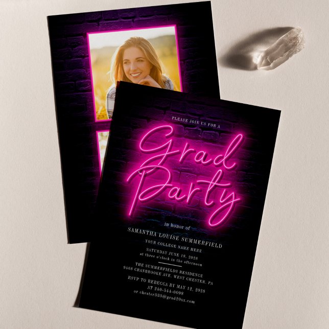 Convite de festa de formatura com foto em neon ros (Graduation Script Neon Pink Grad Photos Grad Party Invitation)