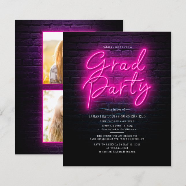 Convite de festa de formatura com foto neon (Frente/Verso)