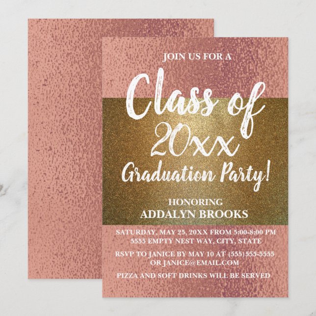 Convite de festa de formatura com glitter em Rose  (Frente/Verso)