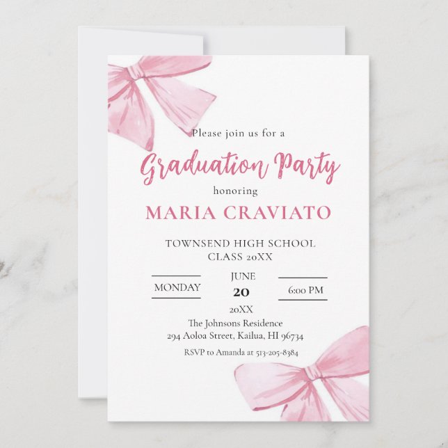 Convite de Festa de Formatura com Laços Rosa Elega (Frente)