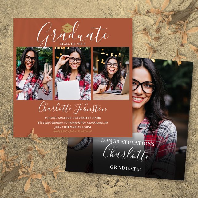 Convite de Festa de Formatura com Script de Terrac (Elegant Terracotta Script 4 Photo Graduation Party Invitation)