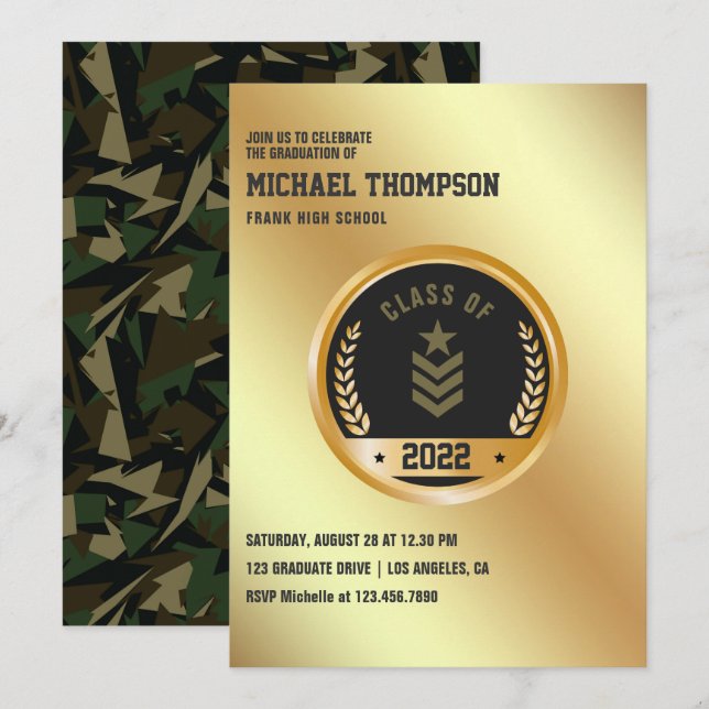 Convite de festa de formatura com tema Exército/Mi (Frente/Verso)
