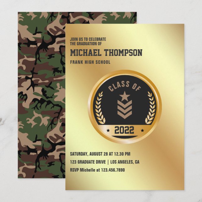 Convite de festa de formatura com tema Exército/Mi (Frente/Verso)