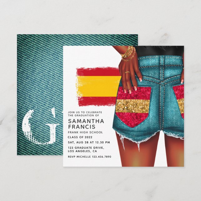 Convite de Festa de Formatura de Garota de Jeans E (Frente/Verso)