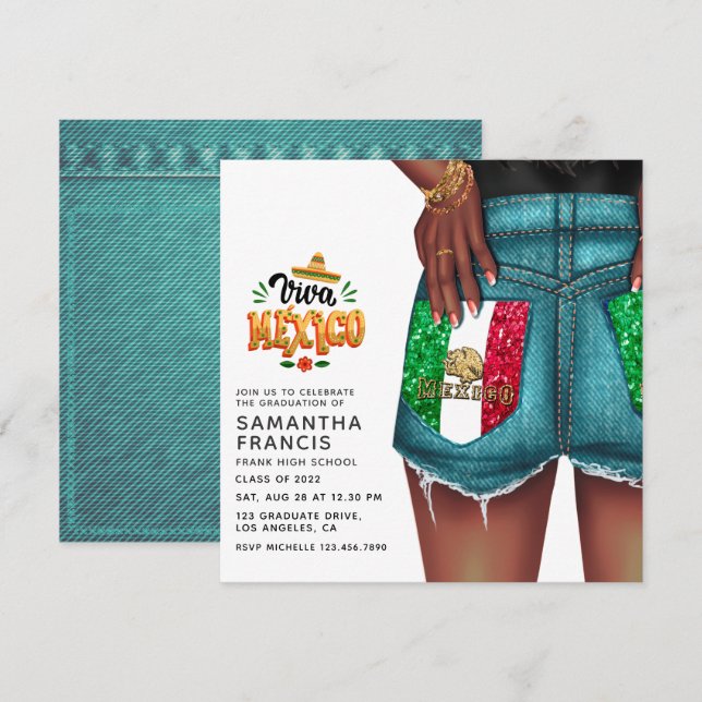 Convite de Festa de Formatura de Garota Denim Mexi (Frente/Verso)
