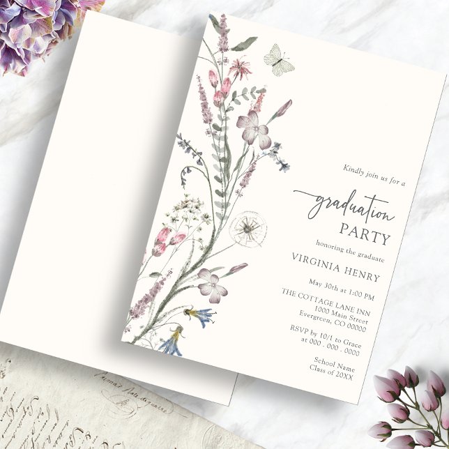 Convite de Festa de Formatura Elegante (Elegant Watercolor Floral Graduation Party Invitation with Butterfly by Painted Paperie
)
