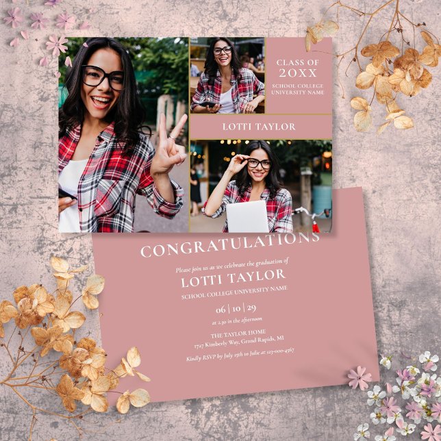 Convite de Festa de Formatura em Rosa Poeirento co (Dusty Rose Pink 3 Photo Gold Graduation Party Invi Invitation)