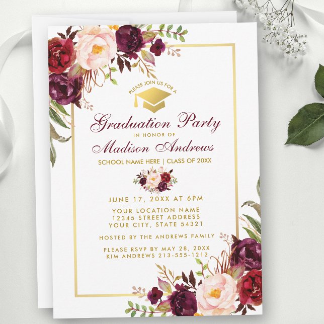 Convite de Festa de Formatura Floral Dourado Borgo (Customize to change text size, text color or text style.)