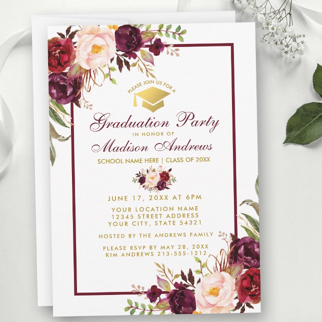 Convite de Festa de Formatura Floral Dourado Borgo (Customize to change text size, text color or text style.)