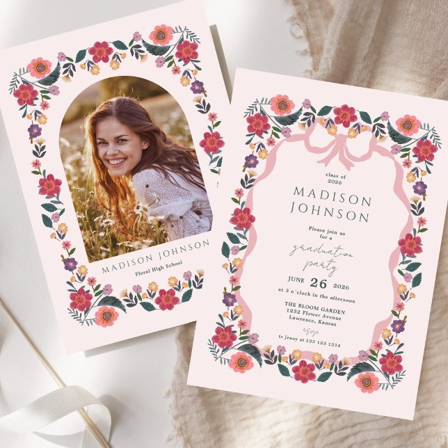 Convite de Festa de Formatura Floral Elegante Quad (Floral Graduation Party Invitation Elegant Frame)