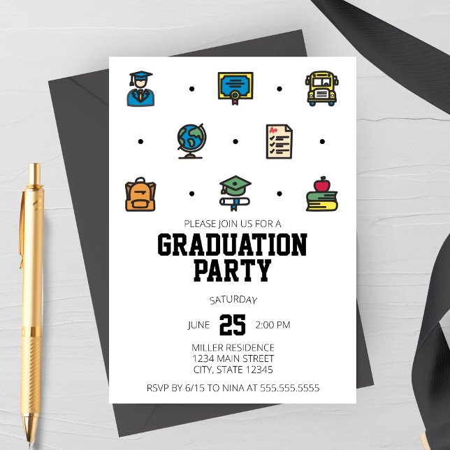 Convite de Festa de Formatura Ícones de Formatura (Graduation Line Icons Graduation Party Invitation | High School, College, Elementary Graduation)