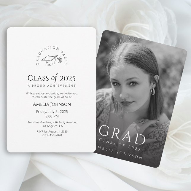 Convite de festa de formatura moderno preto e bran (Black and White Elegant Graduation Party Invitation)