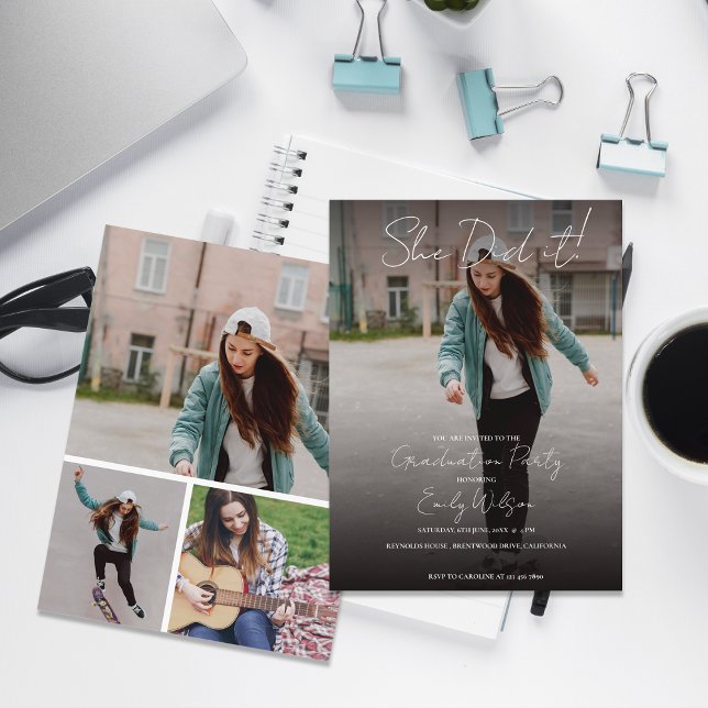 Convite de Festa de Formatura Multi Foto 'Ela Cons (She Did It Modern Photo Graduation Party Invitation Postcard | Multi Photo Grad Party )