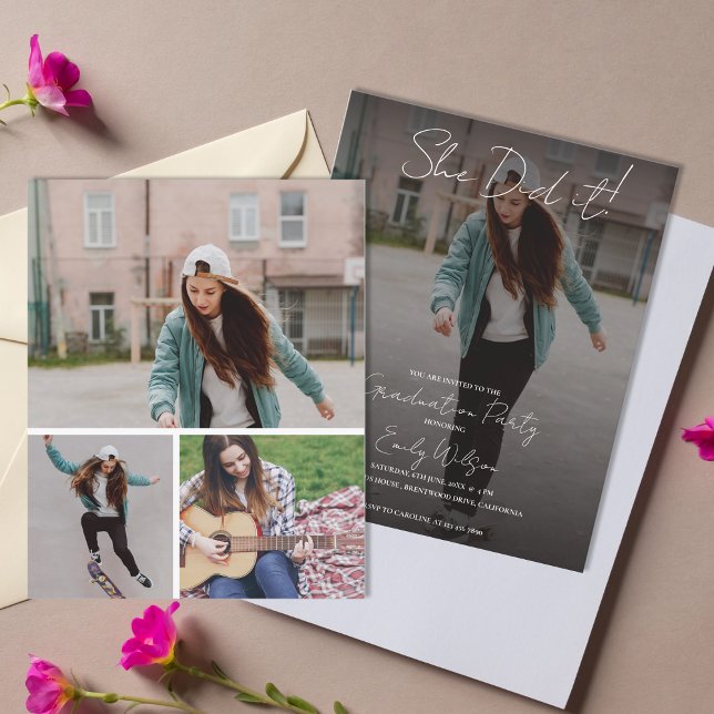 Convite de Festa de Formatura Multi Foto 'Ela Cons (She Did It Modern Photo Graduation Party Invitation | Multi Photo Grad Party Invite)