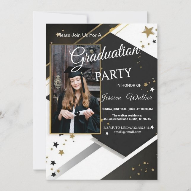 Convite de Festa de Formatura Preto Dourado com Fo (Frente)