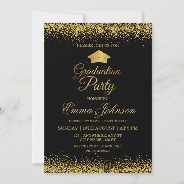 Convite de Festa de Formatura Preto e Dourado (Frente)