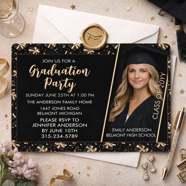 Convite de Festa de Formatura Preto e Dourado (Criador carregado)