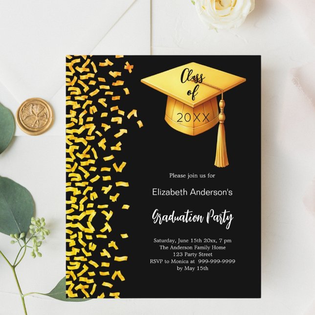 Convite de festa de formatura preto e dourado com  (Criador carregado)