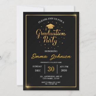 Convite de Festa de Formatura Preto e Dourado Eleg