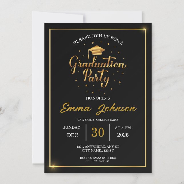 Convite de Festa de Formatura Preto e Dourado Eleg (Frente)