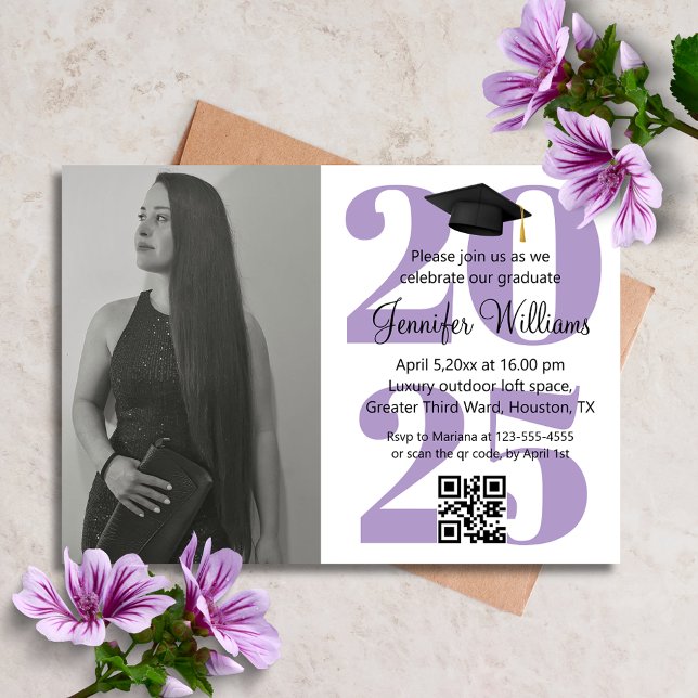 convite de festa de formatura roxo chique com códi (Criador carregado)