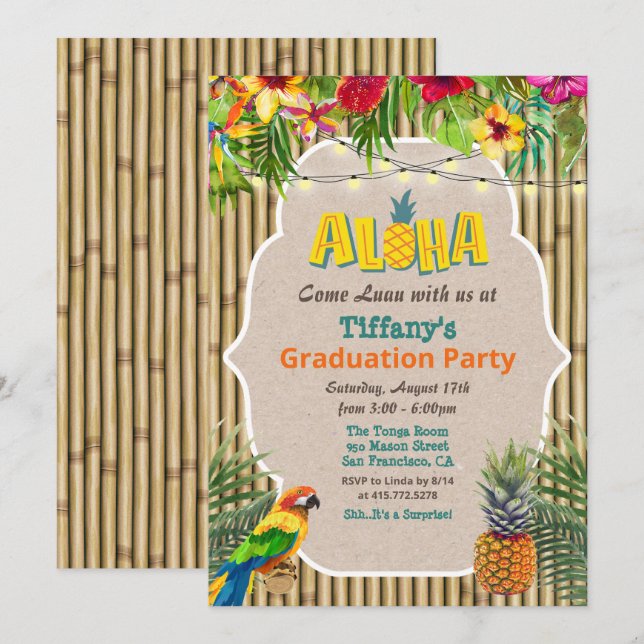 Convite de Festa de Formatura Tropical Aloha Luau (Frente/Verso)