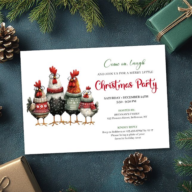 Convite de Festa de Galinhas Caprichosas de Natal  (Whimsical Chickens Festive Cartoon Party Invitation)