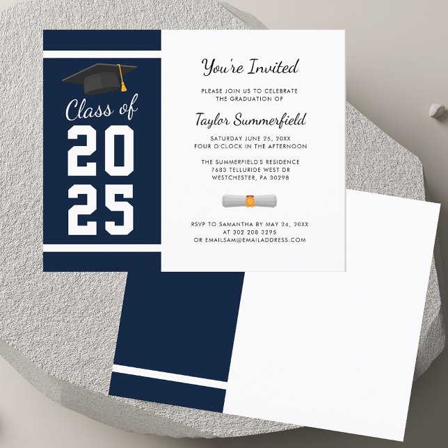 Convite de Festa de Graduação 2023 Azul Marinho Si (Graduation 2025 Navy Blue Grad Party Invitation)