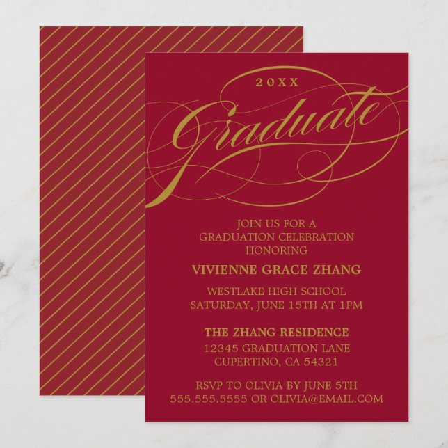 CONVITE DE FESTA DE GRADUAÇÃO COM ESCRITA ELEGANTE (Frente/Verso)