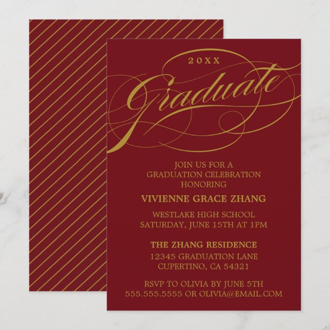 CONVITE DE FESTA DE GRADUAÇÃO COM ESCRITA ELEGANTE (Frente/Verso)