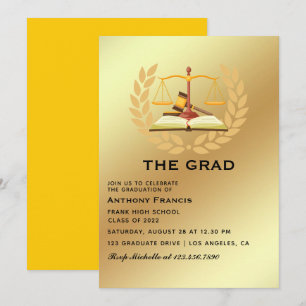 Convite de festa de graduação de advogado amarelo