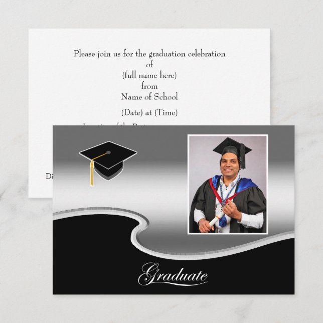 Convite de festa de graduação em prata e preto ele (Frente/Verso)