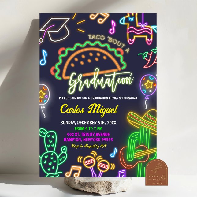 Convite de festa de graduação mexicana Neon Taco (Criador carregado)