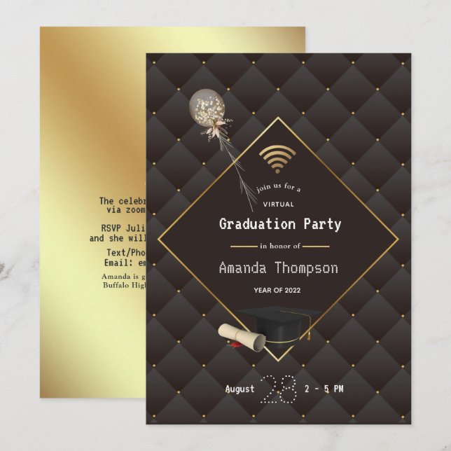 Convite de festa de graduação virtual em preto e d (Frente/Verso)