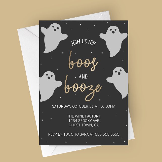 Convite de Festa de Halloween Boos and Booze (Boos and Booze Flying Ghosts Elegant Halloween Party Invitation)