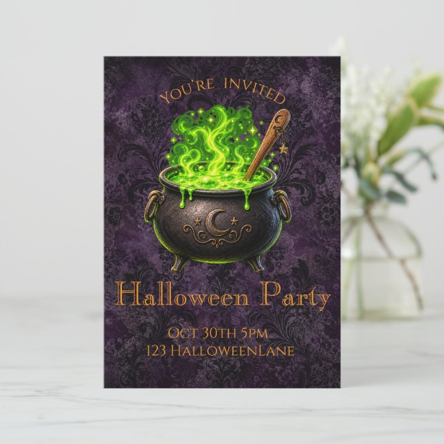 Convite de festa de Halloween Cauldron Witch Purpl (Em pé/Frente)
