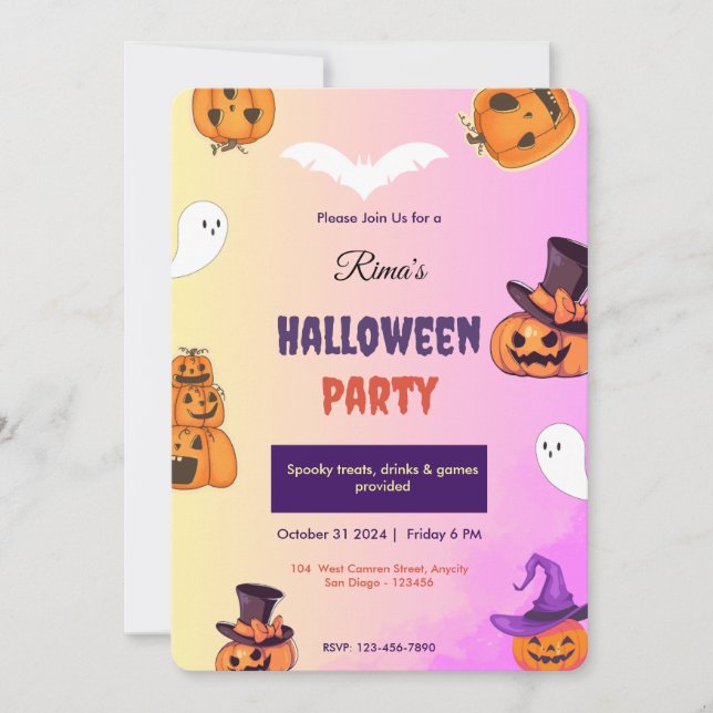 Convite de festa de Halloween com abóbora rosa fof (Frente)