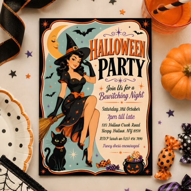 Convite de Festa de Halloween com Bruxa Pin-Up Ret (Criador carregado)