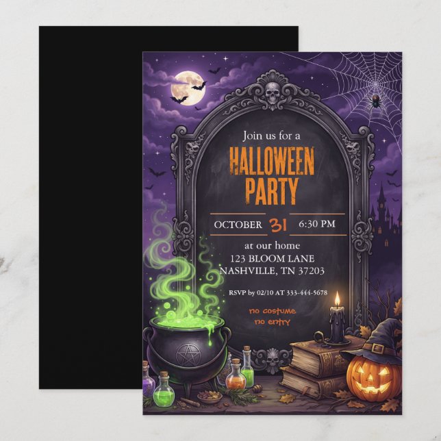 Convite de festa de Halloween com caldeirão de bru (Frente/Verso)