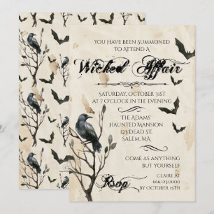Convite de festa de Halloween com corvo e morcegos