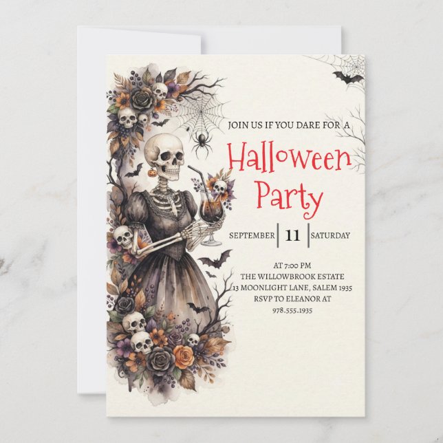 Convite de Festa de Halloween com Esqueleto de Dam (Frente)