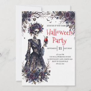 Convite de festa de Halloween com esqueleto de sen