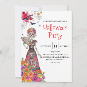 Convite de festa de Halloween com esqueleto de sen