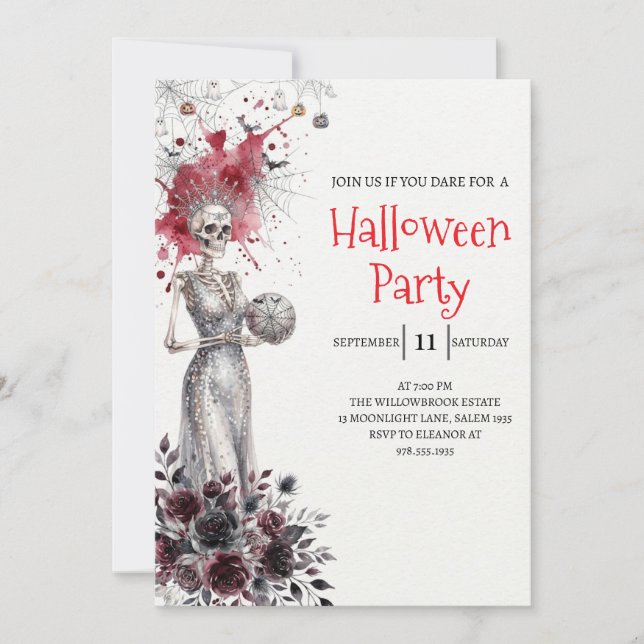 Convite de festa de Halloween com esqueleto de sen (Frente)
