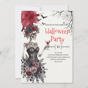 Convite de festa de Halloween com esqueleto de sen