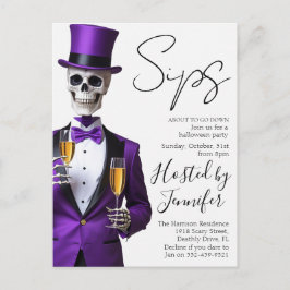 Convite de festa de Halloween com esqueleto roxo