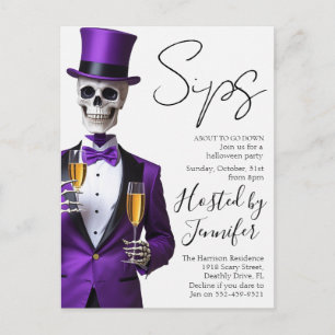 Convite de festa de Halloween com esqueleto roxo