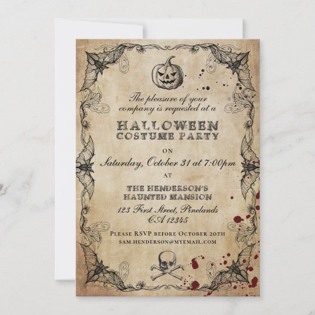 Convite de festa de Halloween com tema gótico vint (Frente)