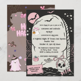 Convite de festa de Halloween cor-de-rosa fofo