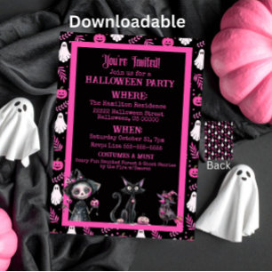 Convite de festa de Halloween cor-de-rosa preto e